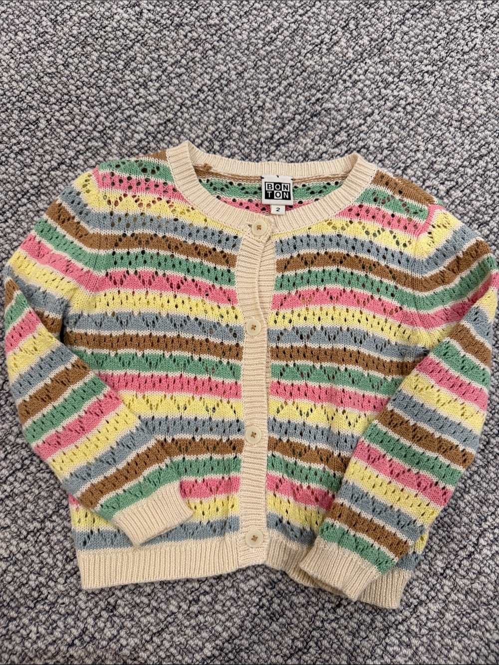 Bonton Pastel Striped Eyelet Knit Cardigan in Cream Trim